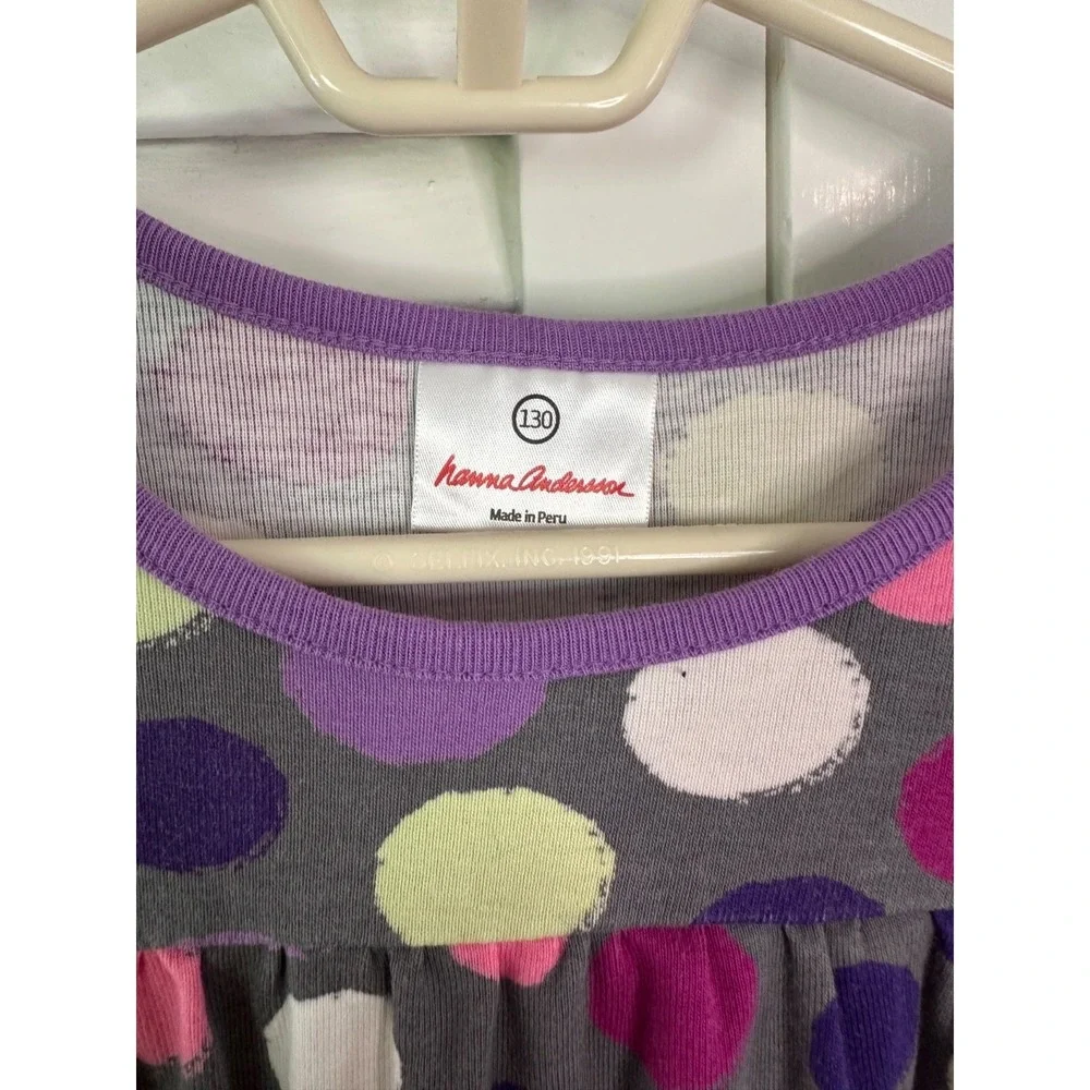Hanna‎ Andersson Size 130 7-8 Gray Purpe Polka Dot Long Sleeve Playdress